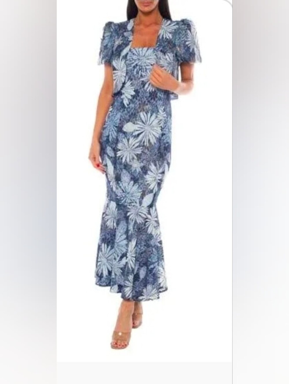 Oleg Cassini Navy and White Floral Midi 2 Piece Dress